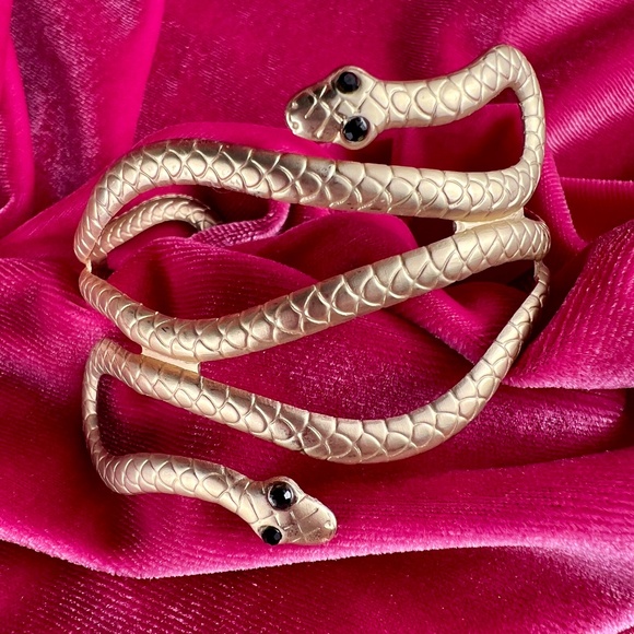 Gold Tone (matte) Double Headed Snake Bracelet with Black Rhinestone Eyes NWOT - Picture 5 of 6